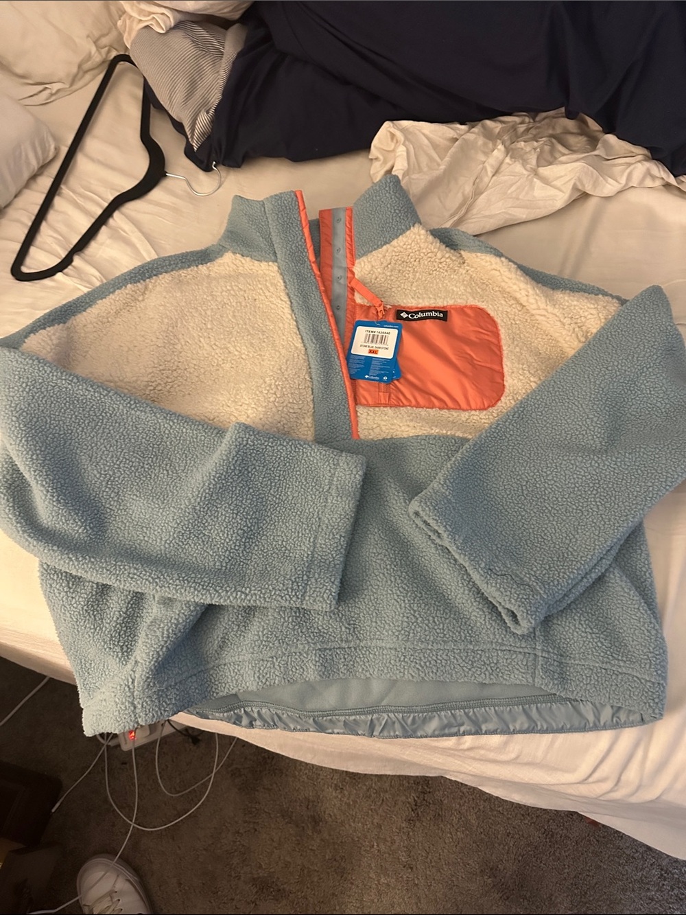 Columbia Light Blue & Cream Sherpa Pullover with Coral Pocket Accent